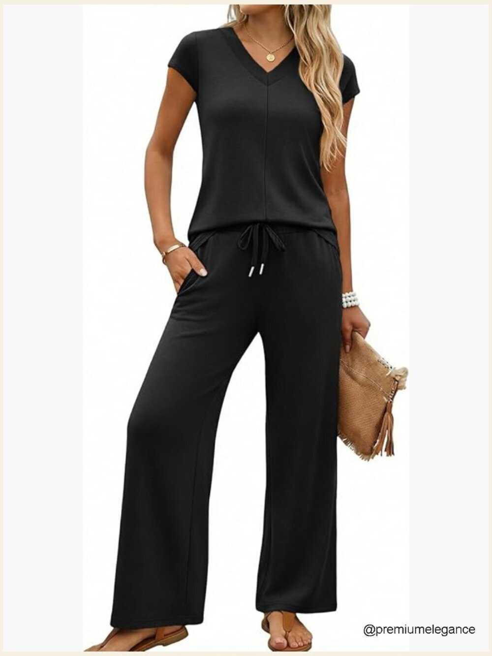 Two Piece Lounge Set V Neck Wide Leg Pant Side Slit Summer Travel Outfits
